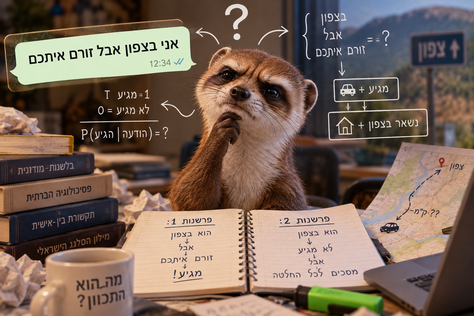 חמוס מבולבל מנתח את ההודעה ״אני בצפון אבל זורם איתכם״ לצד מחברת פרשנויות, מפה וסימני שאלה